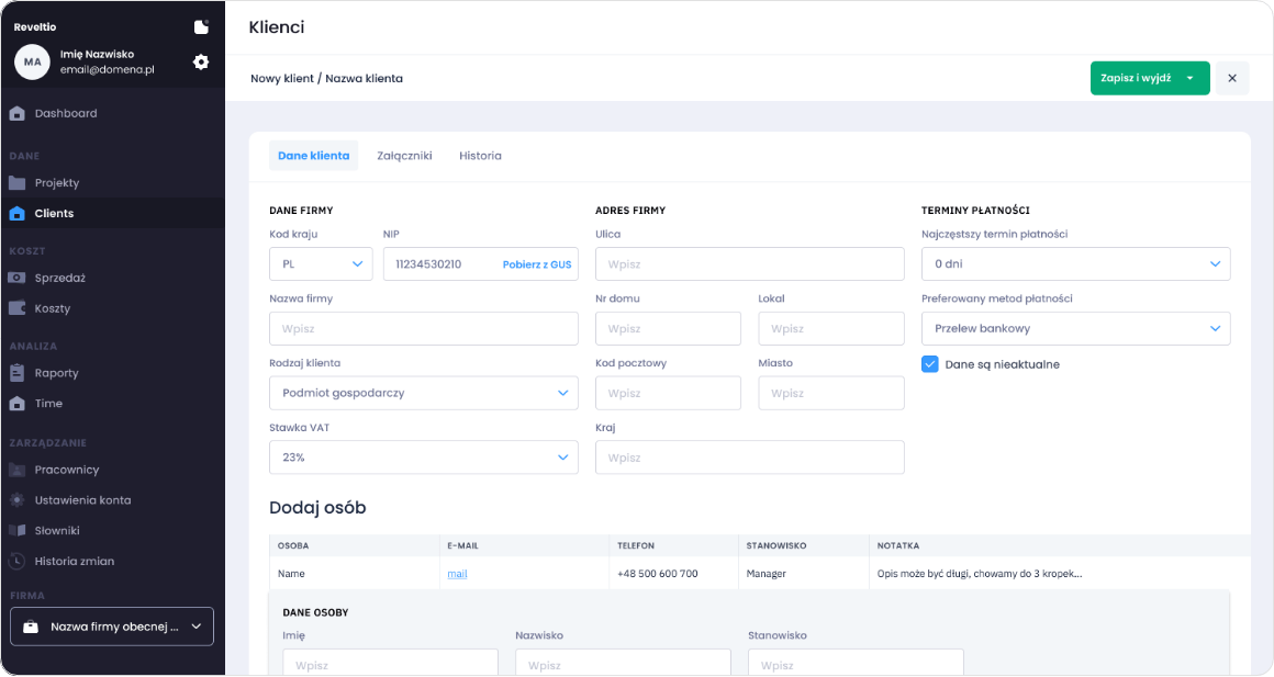Panel dotyczący klientów w Reveltio