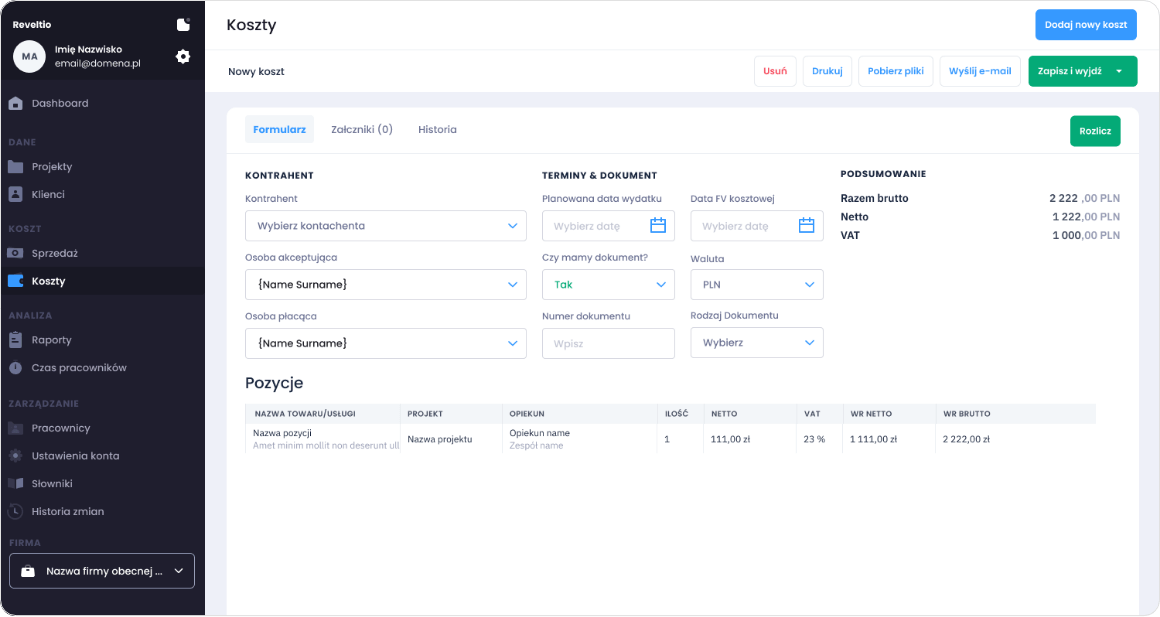 Panel kosztów w Reveltio