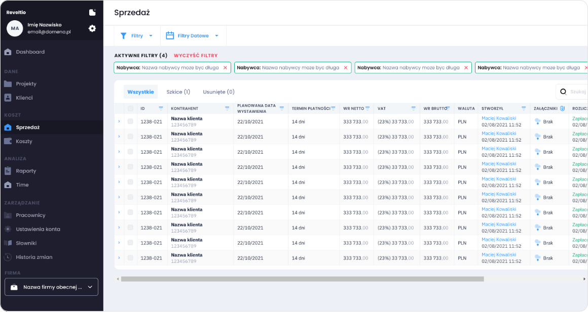Lista przykładowych, wystawionych faktur w Reveltio